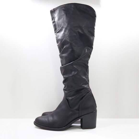 Venus Black Faux-Leather 3" Block Heel Slouchy Knee-High Back Zip Boots - 9 - Picture 1 of 7